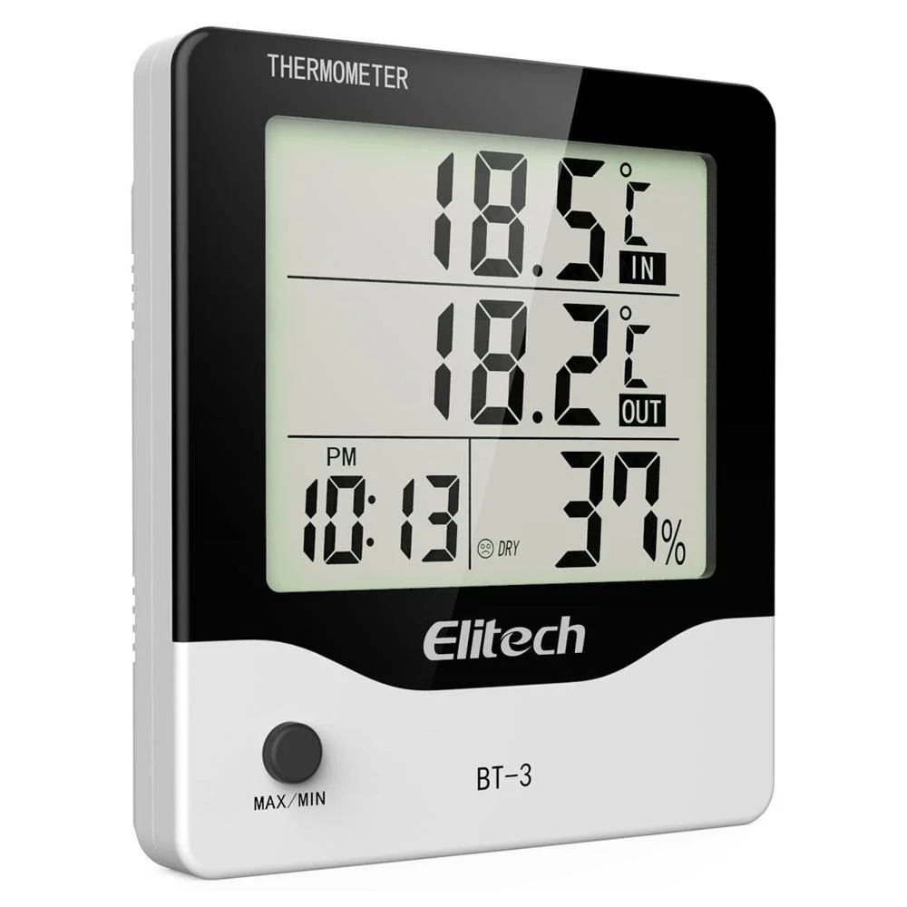 Elitech BT-3 | LCD Indoor/Outdoor Digital Hygrometer Thermometer | With Clock And Min/Max Value