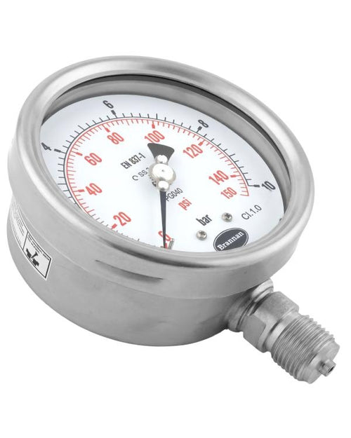 Brannan 37/895/0 | Premium Stainless Steel Pressure Gauge | 100 mm, 0 to 16 bar, dry, 1/2 in BSP bottom - generaltechuae