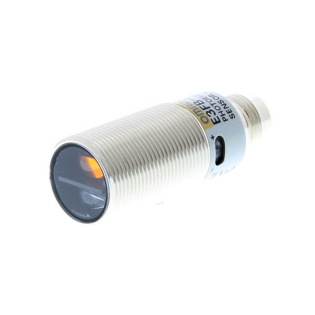 OMRON E3FB-LP21 | Photoelectric sensor, M18 axial, metal body, red LED, BGS, 100mm, PNP, L-ON/D-ON selectable, M12 connector