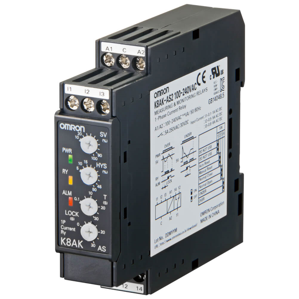 OMRON K8AK-AS2 24VAC/DC | Monitoring relay 22.5mm wide, Single phase over or under current 0.1 to 8A AC or DC, One SPDT, 24VAC/DC