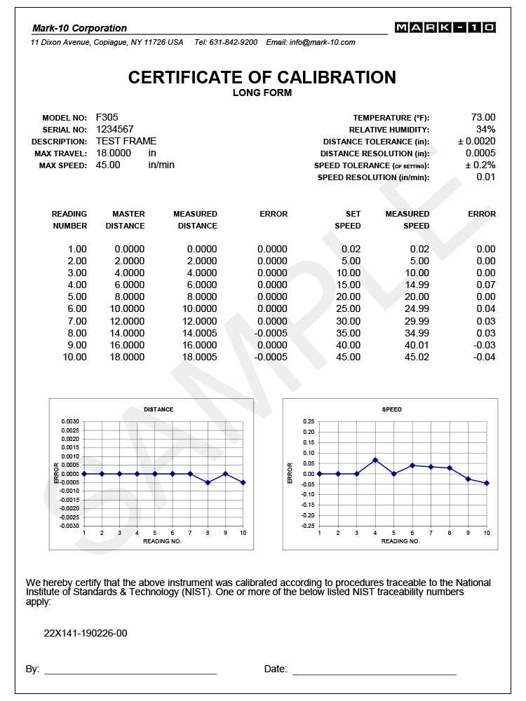 Mark-10 CERT-DS | Certificate of Calibration – Distance & Speed | 10 data points - generaltechuae