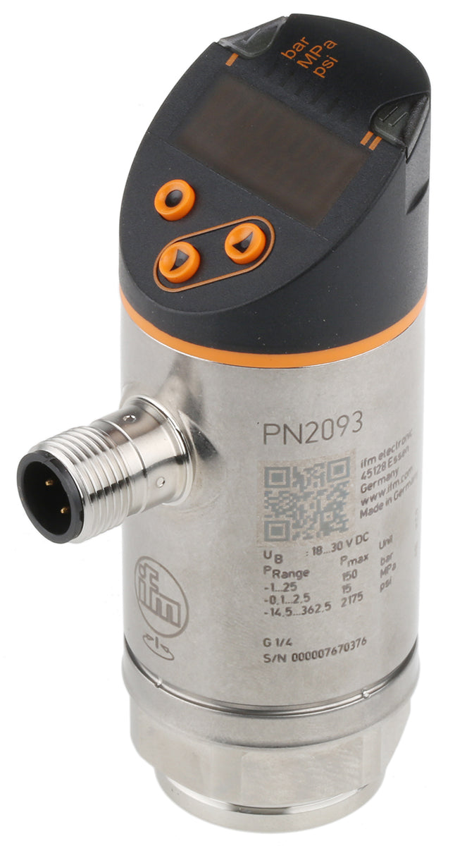 ifm PN2093, Pressure Sensor, -1bar Min, 25bar Max, Analogue + PNP-NO/NC Programmable Output, Relative Reading
