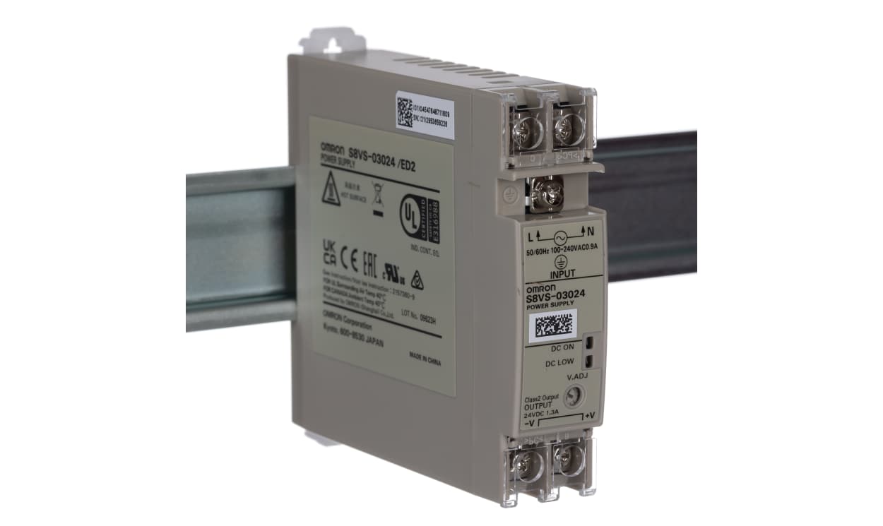 Omron S8VS-03024, S8VS Switched Mode DIN Rail Power Supply, 85 → 264V ac ac Input, 24V dc dc Output, 1.3A Output, 30W