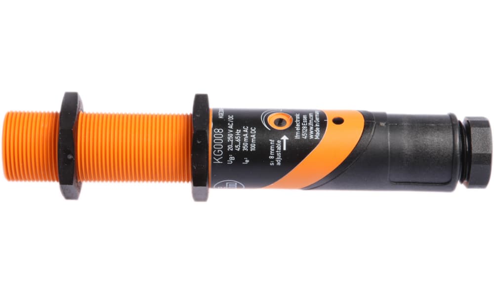 ifm KG0008, Capacitive Threaded Barrel Proximity Sensor, M18, 8 mm Detection, 2-Wire NO/NC, 20 → 250 V ac/dc