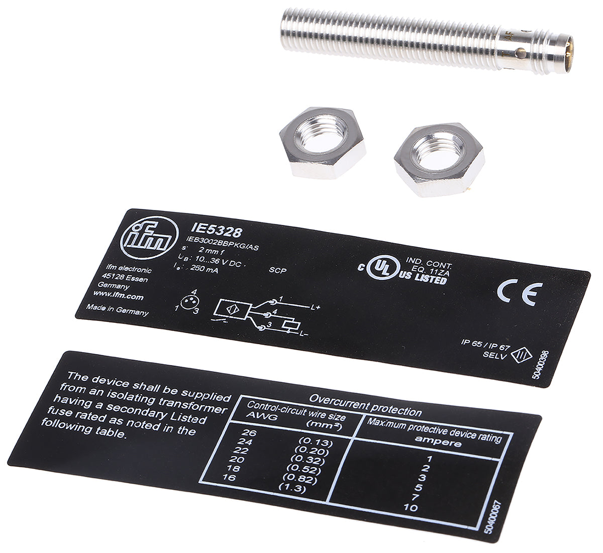 ifm IE5328, Inductive Threaded Barrel Proximity Sensor, M8, 2 mm Detection, PNP NO, 10 → 36 V dc