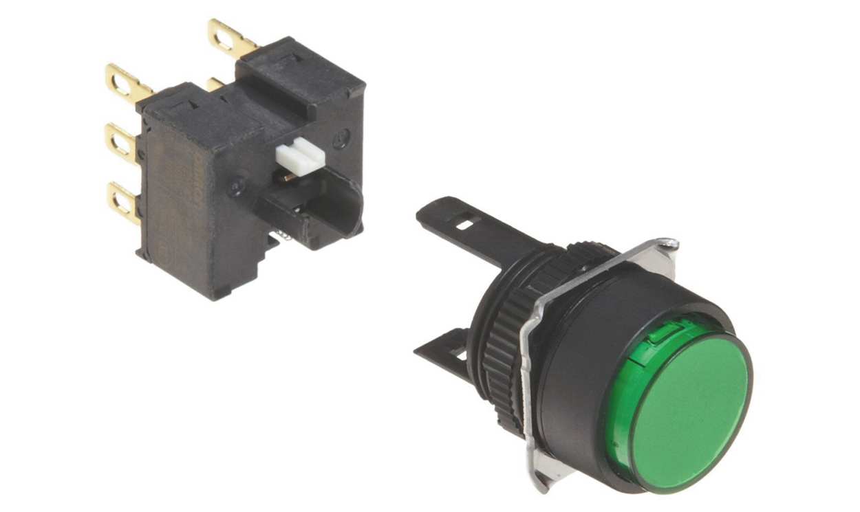 Omron A165-TGM-2, A16 Series Push Button, Momentary, Panel Mount, 16mm Cutout, DPDT, IP66