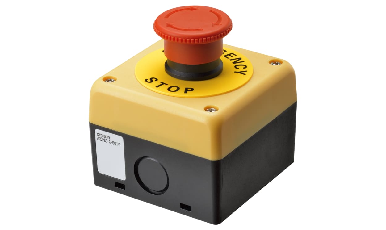 Omron A22NE-M-P102-N-B, A22NE Series Turn to Reset Emergency Stop Push Button, Surface Mount, 22mm Cutout, 1 NO + 1 NC, IP65