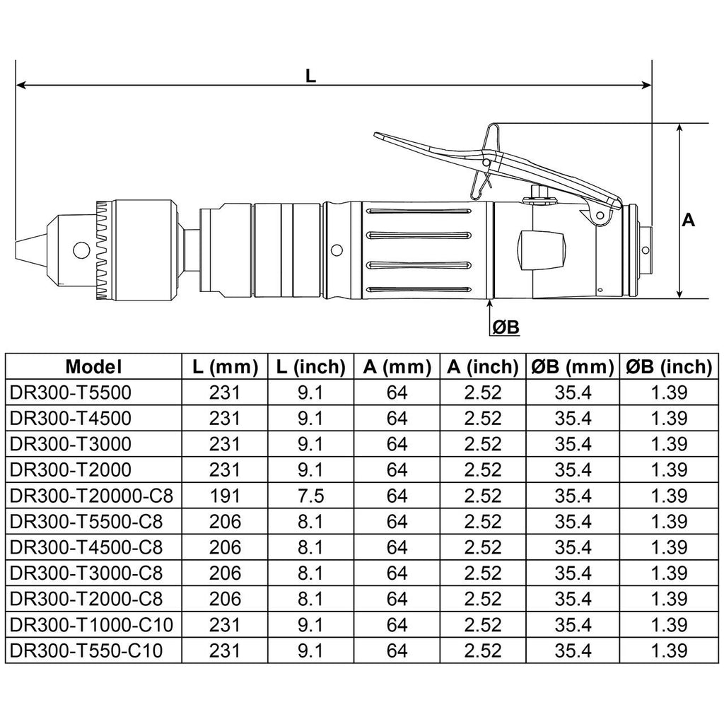 Desoutter DR300-T5500 | Pneumatic Straight Drill | 5500 rpm, 2.3 Nm