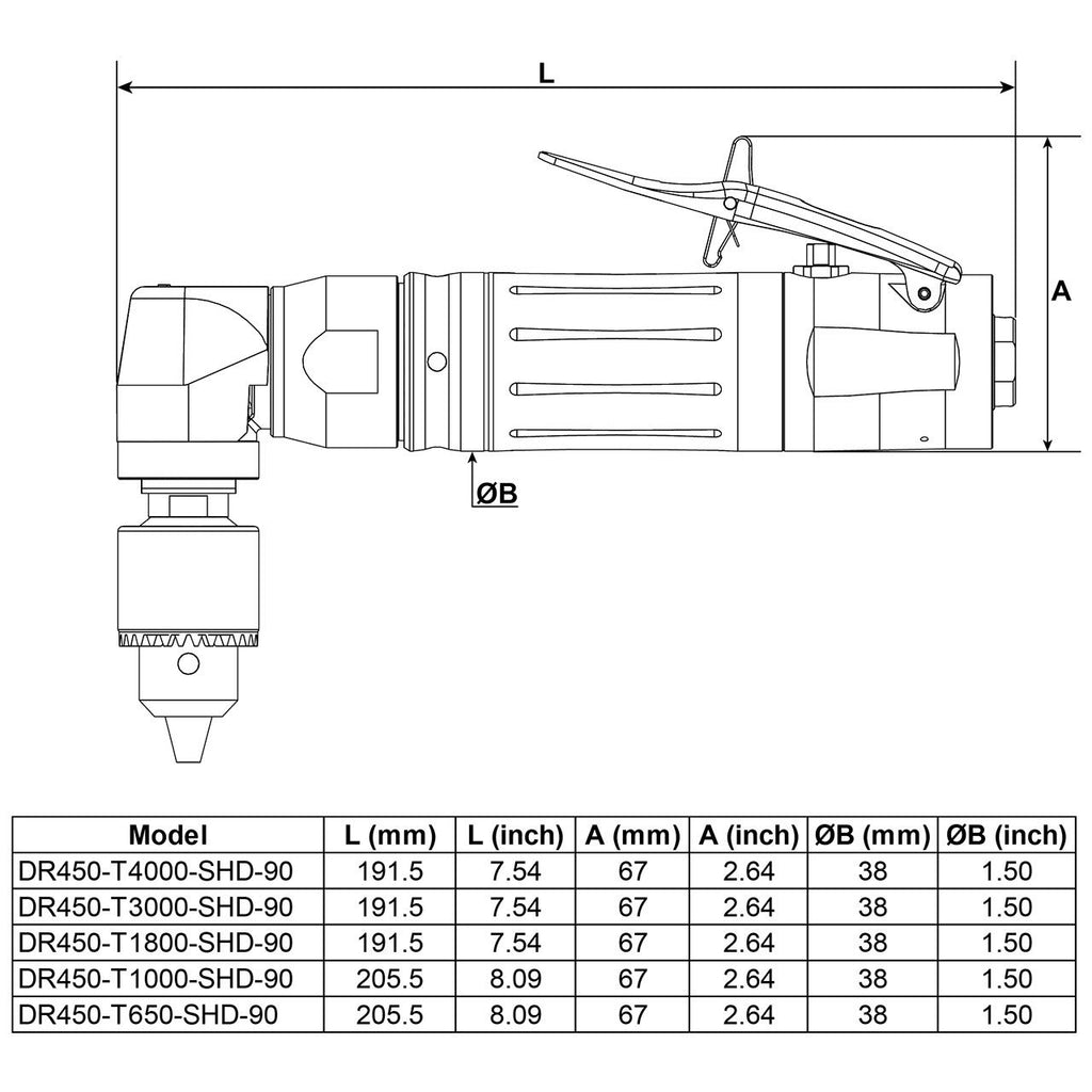Desoutter DR450-T1800-SHD-90 | Pneumatic Angle Head Drill | 2700 rpm, 8 mm Keyed Chuck, 90° Heavy Duty Head