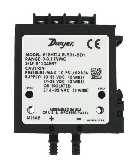 Dwyer Instruments 616KD-LR-B35-BD1 | Differential Pressure Transmitter | Low Range;0.5in wc;1.0 pct acc;Barb Conn;4-20 mA;0-10V out - generaltechuae