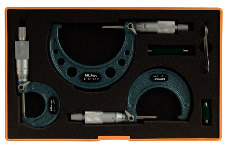 Mitutoyo 103-929 | Outside Micrometer Set | Ratchet Stop | 0-3" Range, 0.001" Graduation (3 Piece Set)
