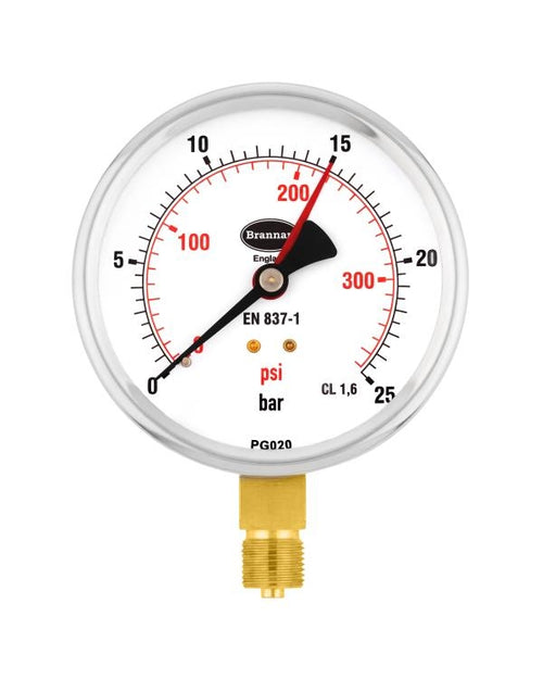 Brannan 34/658/9 | Commercial Pressure Gauge | 100 mm, 0 to 40 bar, 3/8 in BSP bottom, pre-calibrated - generaltechuae