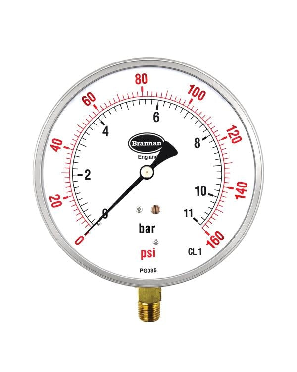 Brannan 35/797/8 | Contractor Pressure Gauge | 115 mm, 0 to 400 psi & bar, 1/2" BSP, glass window - generaltechuae