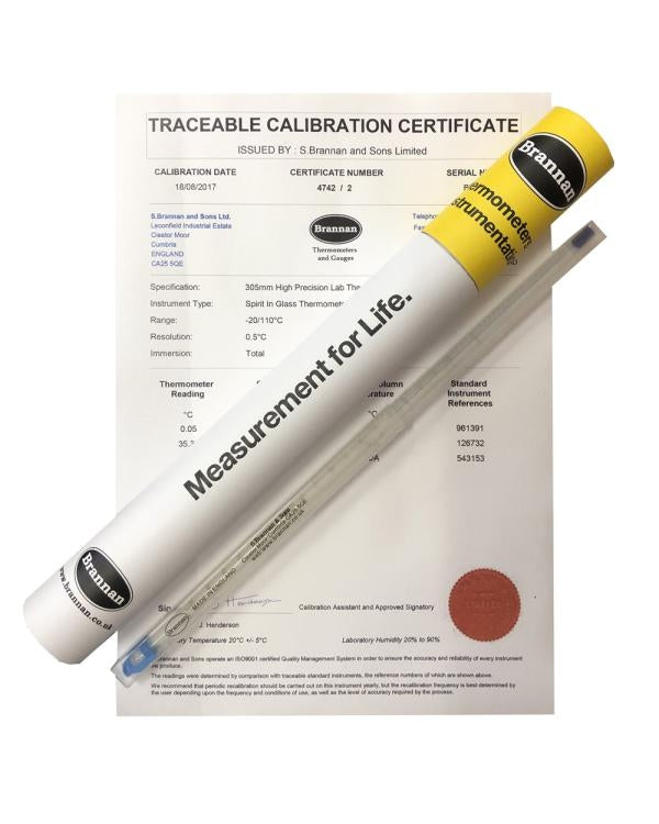 Brannan 50/555/0 | THERMcert Pre-Calibrated Lab Thermometer | 305 mm, -100 to +50 °C, 1.0 °C, Total Imm., 2 Point - generaltechuae
