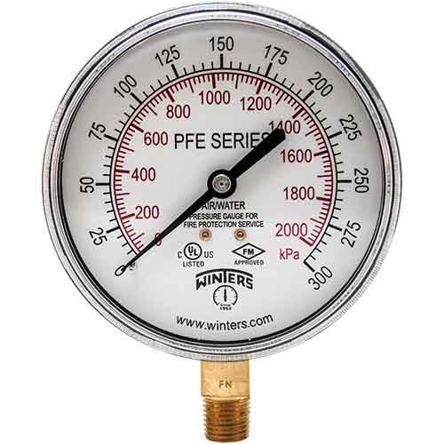 Winters PFE3935R1R11 | Sprinkler Gauge 0/300 psi/bar |  3.5” (90mm) Dial | ±3-2-3% Accuracy | 1/4” NPT standard | bottom - generaltechuae