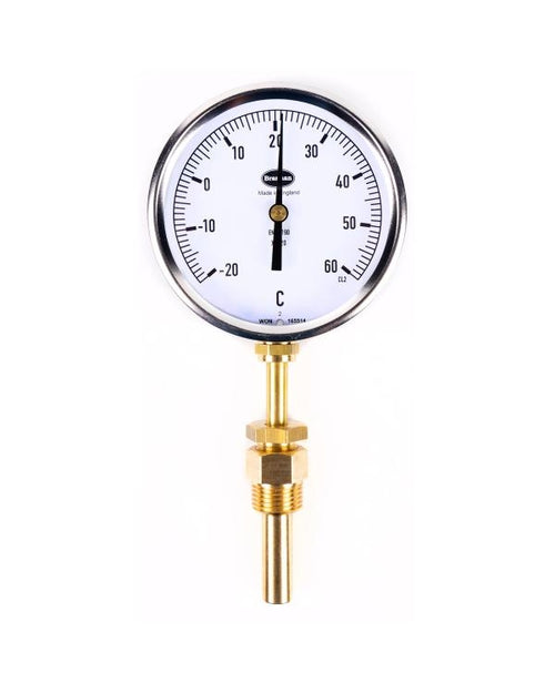 Brannan 97/647/0 | Liquid Expansion Dial Thermometer | 100 mm, Bottom, 150 mm Stem, 100 mm Pocket, 0 to +160 °C, °C - generaltechuae
